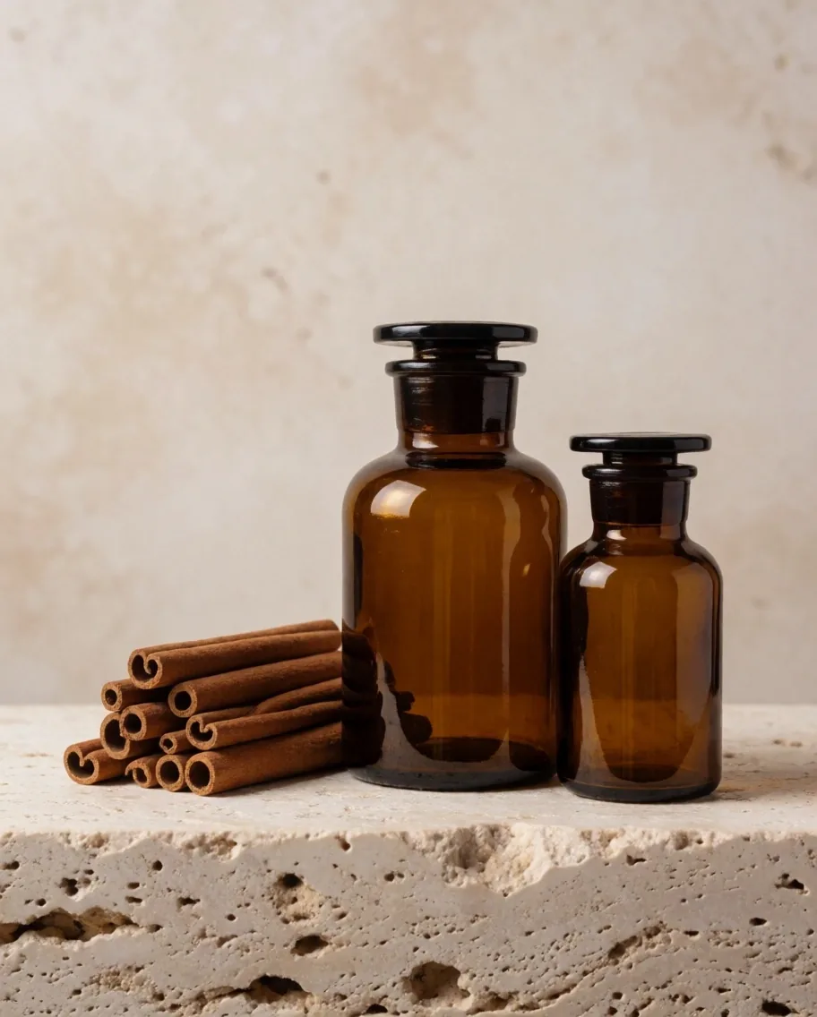 Apothecary bottles on a mineral stone shelf