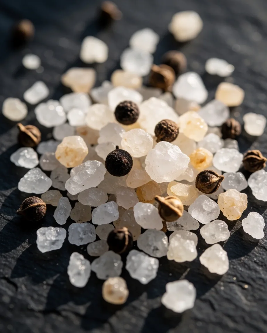Dried botanical ingredients and mineral powders on a stone surface