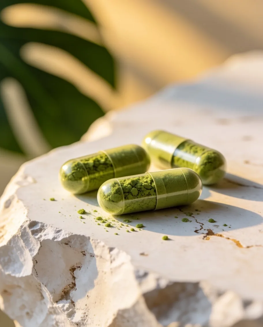 Vegetable capsules with plant-based powder on stone