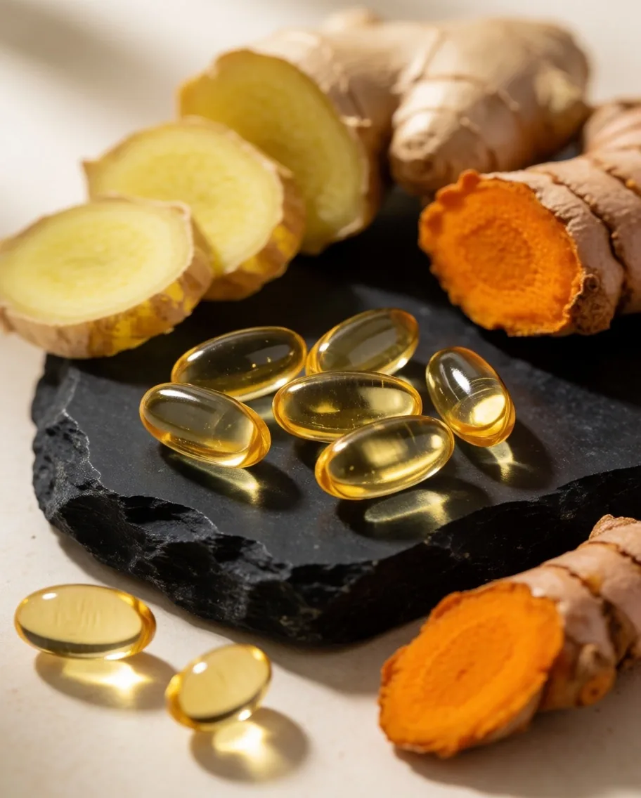 Natural supplement capsules with raw botanical ingredients on a mineral stone slab