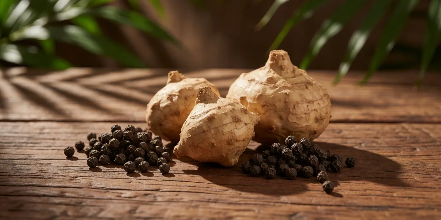 Raw botanical ingredients arranged on a mineral stone surface