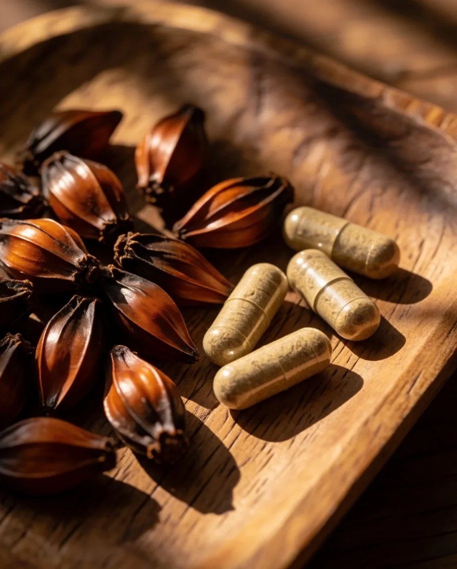Natural supplement capsules and botanical ingredients on a warm stone slab