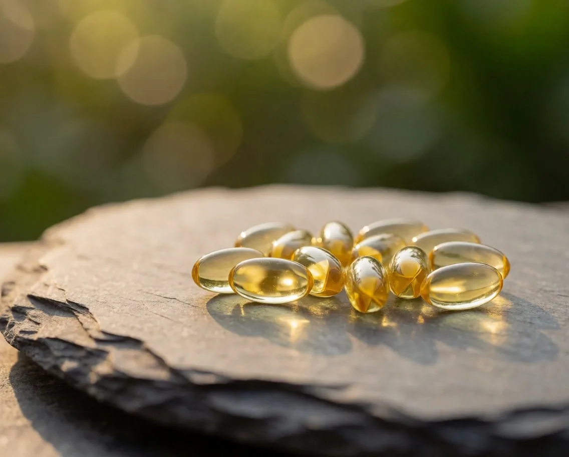 Natural supplement capsules on a mineral stone slab