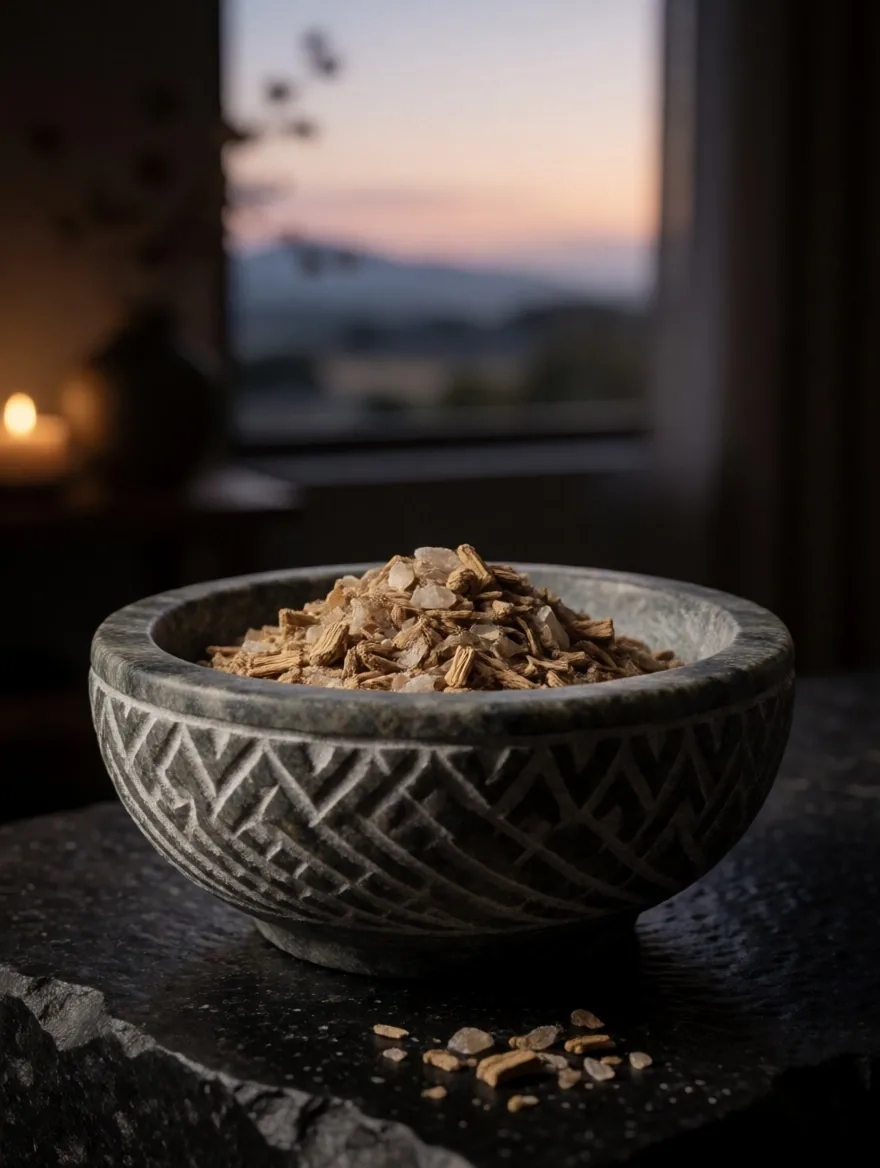 Dried chamomile flowers and magnesium powder on a dark stone surface