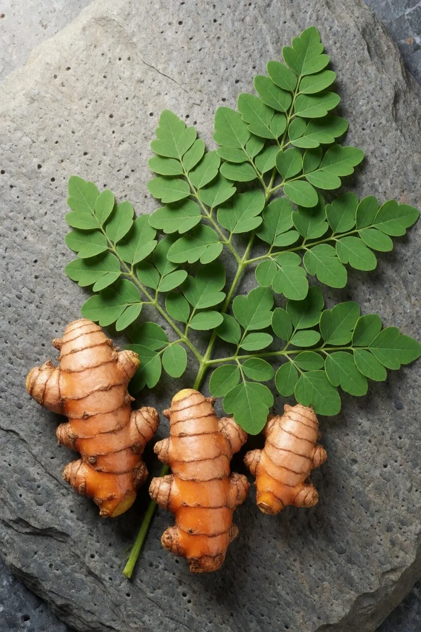 Fresh turmeric roots, moringa leaves, and sweet potatoes on a stone slab