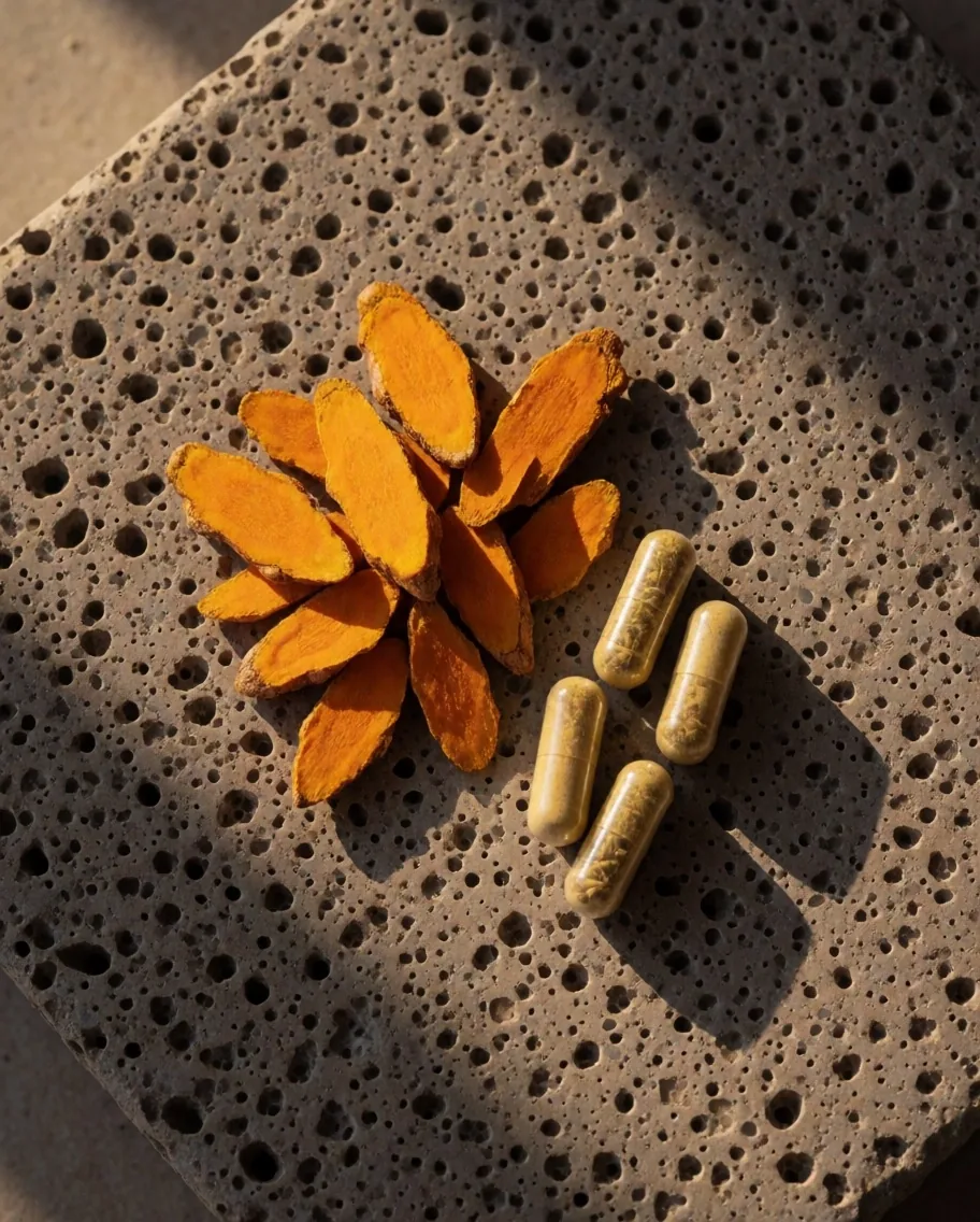 Natural supplement capsules on a warm stone slab with turmeric root